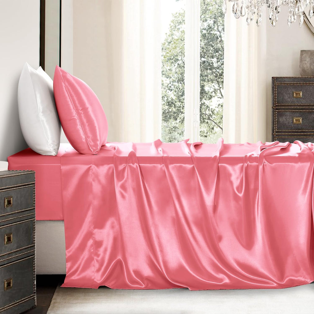 Golal Satin Sheets Twin XL Size - 3 Pieces Luxury Silky Soft Bed Sheets, Wrinkle-Free Pink Satin Silk Sheet Set with 1 Deep Pocket Fitted S…