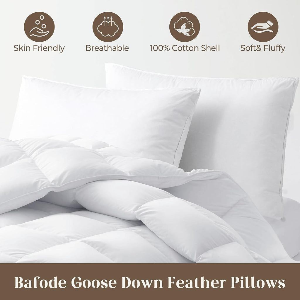 Bafode Goose Down Feather Pillows, Soft Bed Pillows Queen Size Set of 2, 100% Soft Cotton Shell, Gusseted Hotel Pillows for Back, Stomach or…
