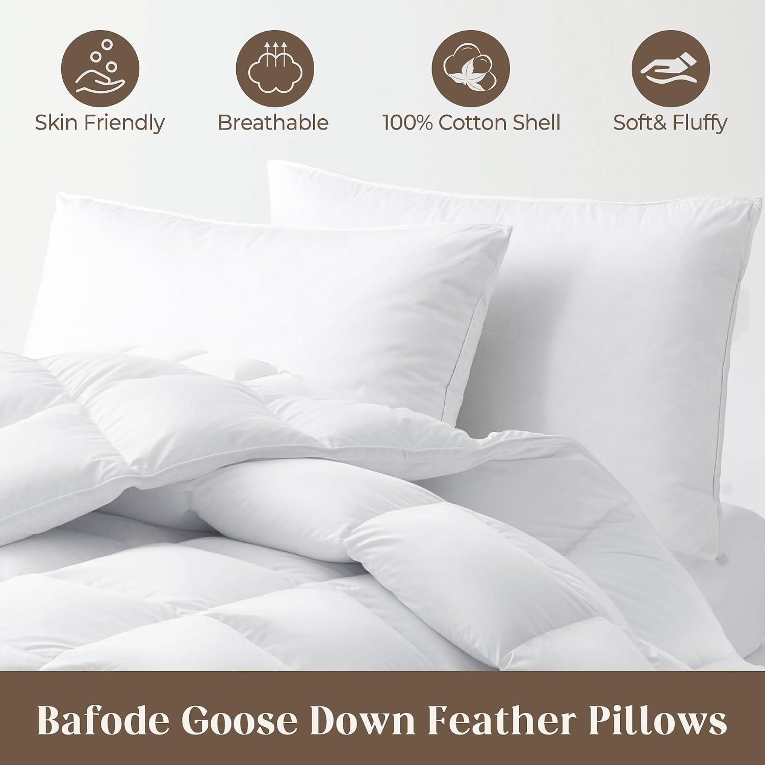 Bafode Goose Down Feather Pillows, Soft Bed Pillows Queen Size Set of 2, 100% Soft Cotton Shell, Gusseted Hotel Pillows for Back, Stomach or…