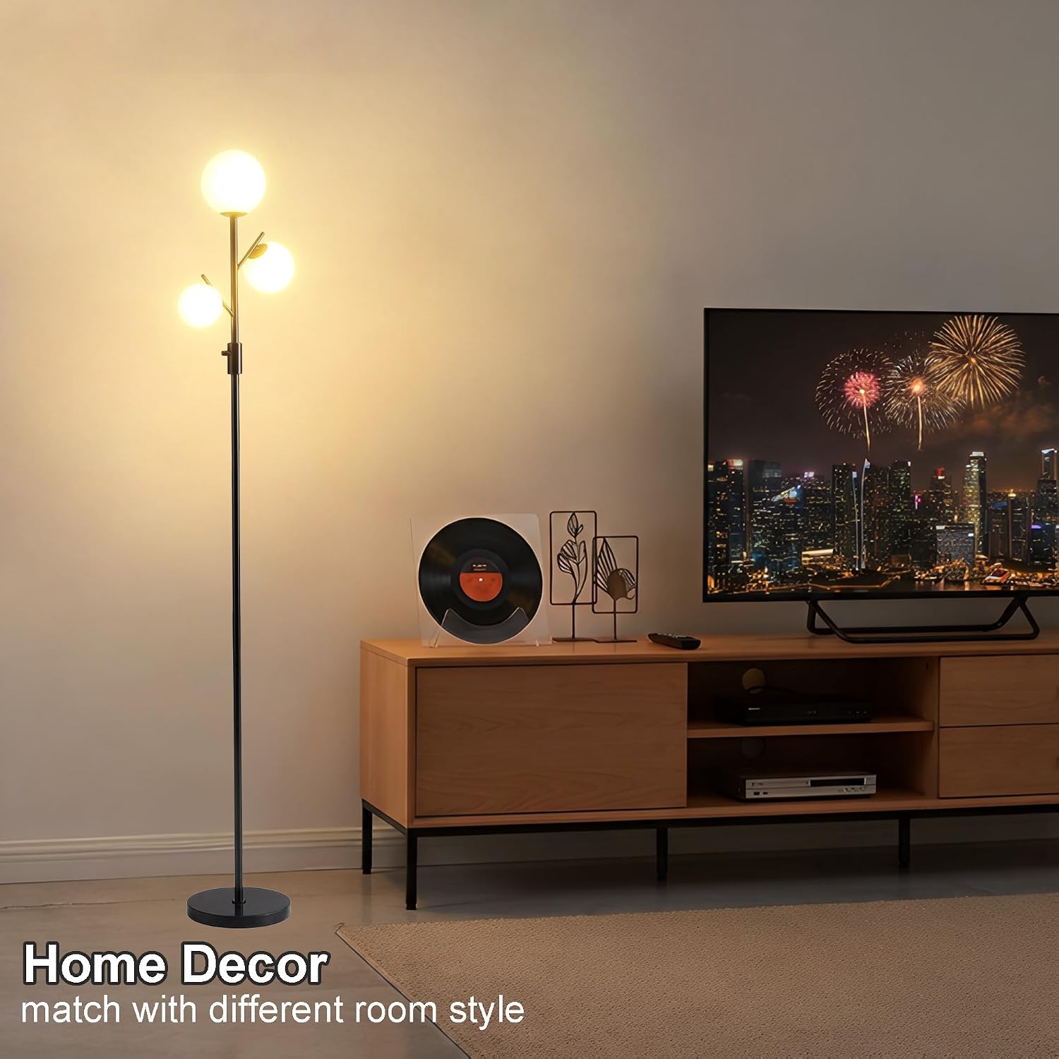 Fiqevs Mid Century Modern 3 Globe Tree Floor Lamp - Dimmable LED Standing Lamp with Bulbs, Warm Light for Living Room Bedroom Office - Black