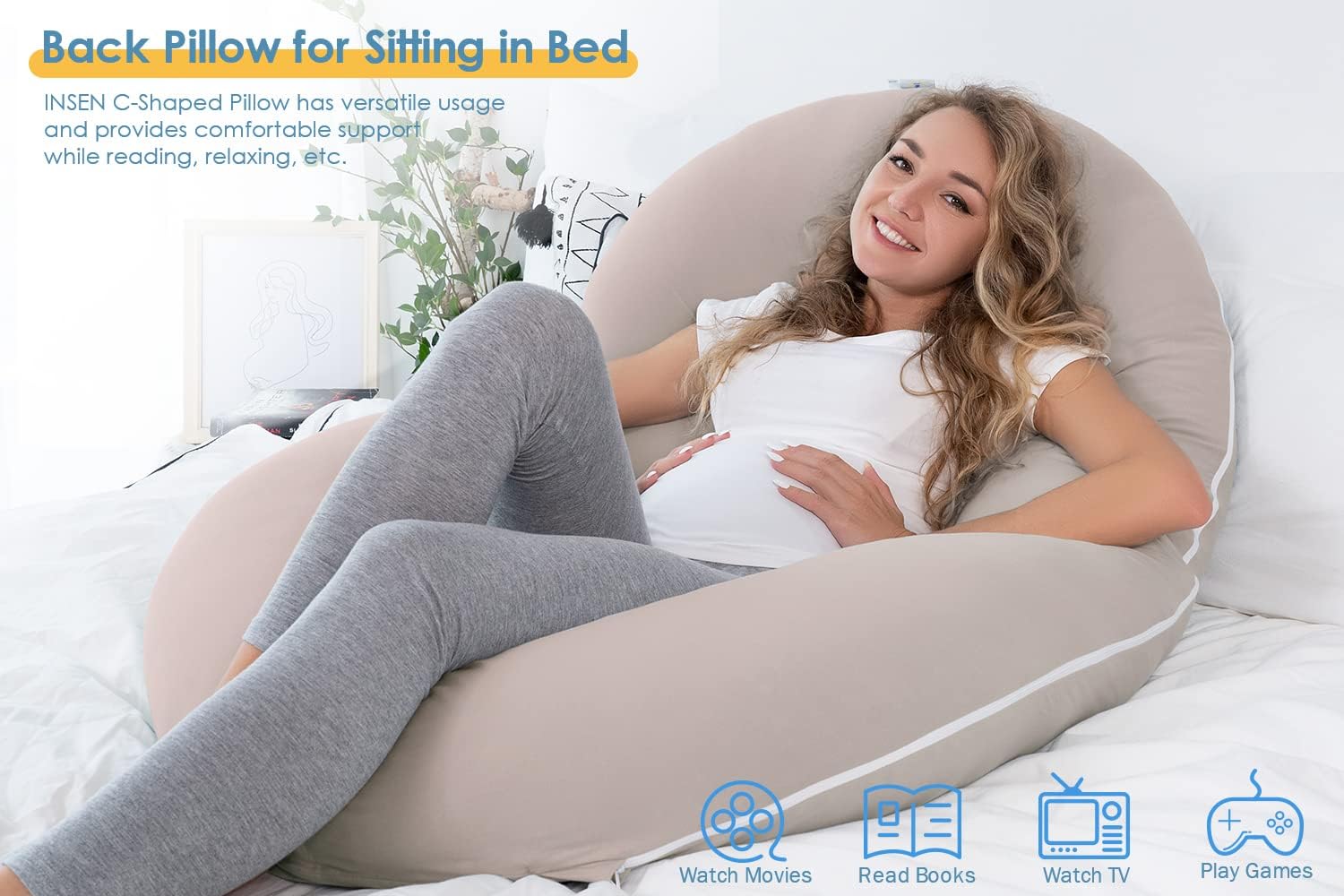 INSEN Pregnancy Pillow Cooling, Maternity Pillow with Soft Cotton Cover, C Shaped for Side Sleeping, Natural Pink