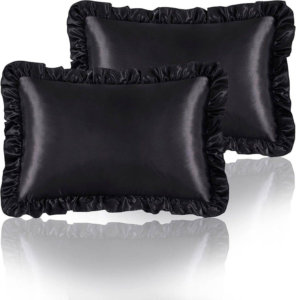 HommxJF Black Satin Ruffled Pillow Cases for Hair and Skin, Black Silk Pillowcases Standard Set of 2 with Envelope Closure Princess Room Dec…