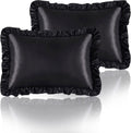 HommxJF Black Satin Ruffled Pillow Cases for Hair and Skin, Black Silk Pillowcases Standard Set of 2 with Envelope Closure Princess Room Dec…