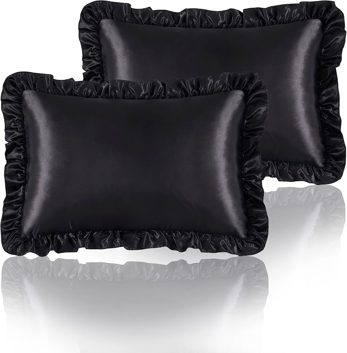 HommxJF Black Satin Ruffled Pillow Cases for Hair and Skin, Black Silk Pillowcases Standard Set of 2 with Envelope Closure Princess Room Dec…