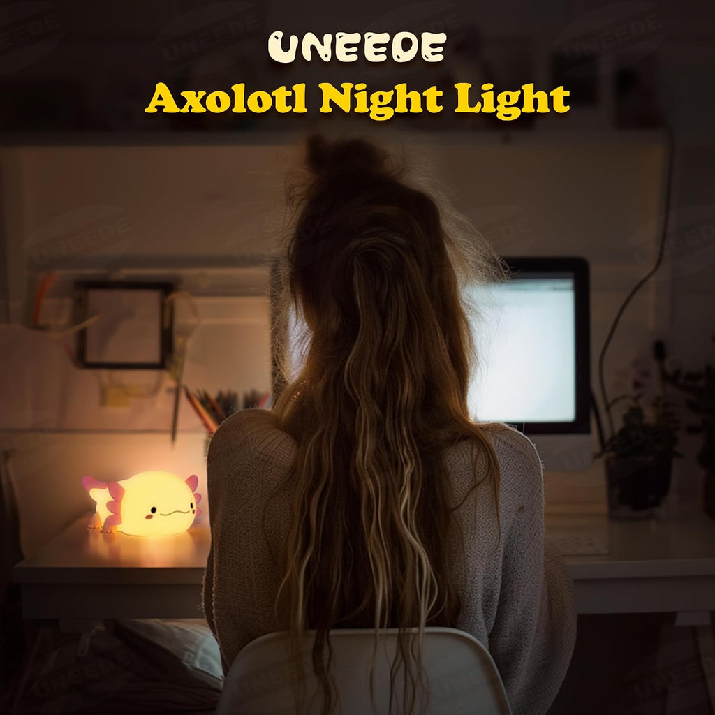 UNEEDE Axolotl Night Light for Kids, Animal Silicone Nursery Night Lamp, Rechargeable Table Lamp Bedside Lamp, Cute Room Decor Night…