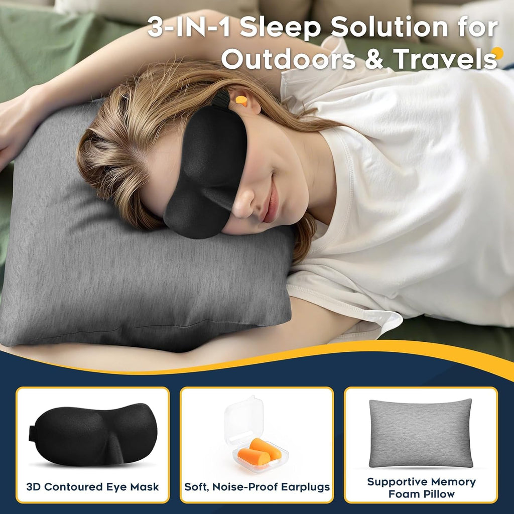 CushyOasis All-in-1 Camping Pillow Set - Shredded Memory Foam Neck Pillow Travel Pillow with Eye Mask, Earplugs, Washable Cover, Compact…