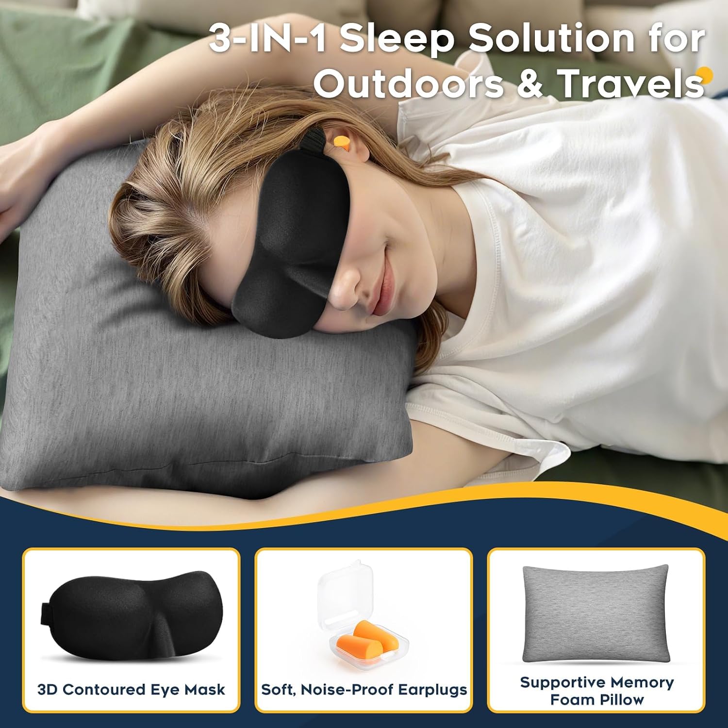 CushyOasis All-in-1 Camping Pillow Set - Shredded Memory Foam Neck Pillow Travel Pillow with Eye Mask, Earplugs, Washable Cover, Compact…