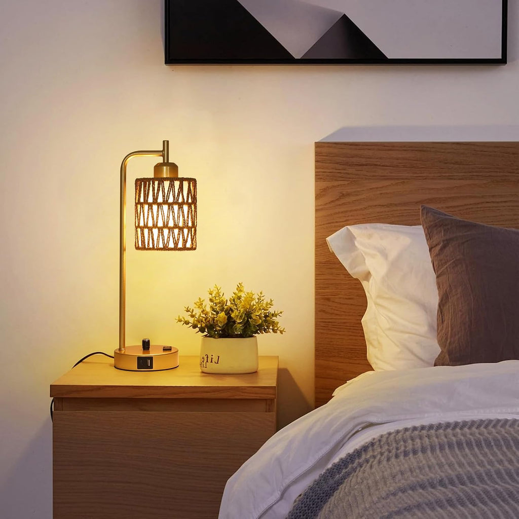 Gold Lamp for Bedroom, Boho Rattan Table Lamps Set of 2 with LED Bulbs, Bedside Lamps for Night Stands with Wicker Shade, USB Port and…