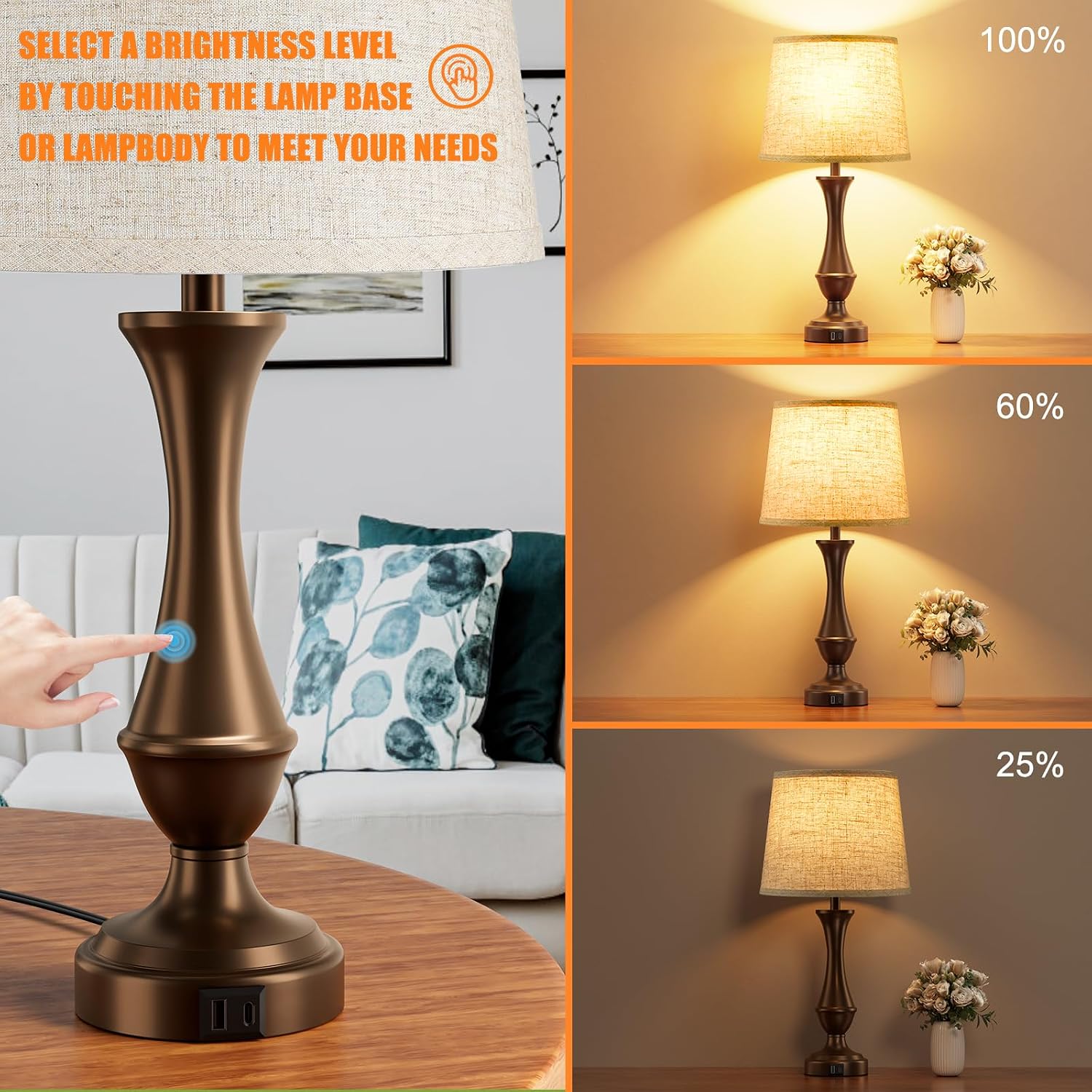 Seealle Upgraded Touch Lamps for Night Stands Set of 2 - Bedside Lamps with USB C+A, 3 Way Dimmable for Bedroom Living Room End Tables…
