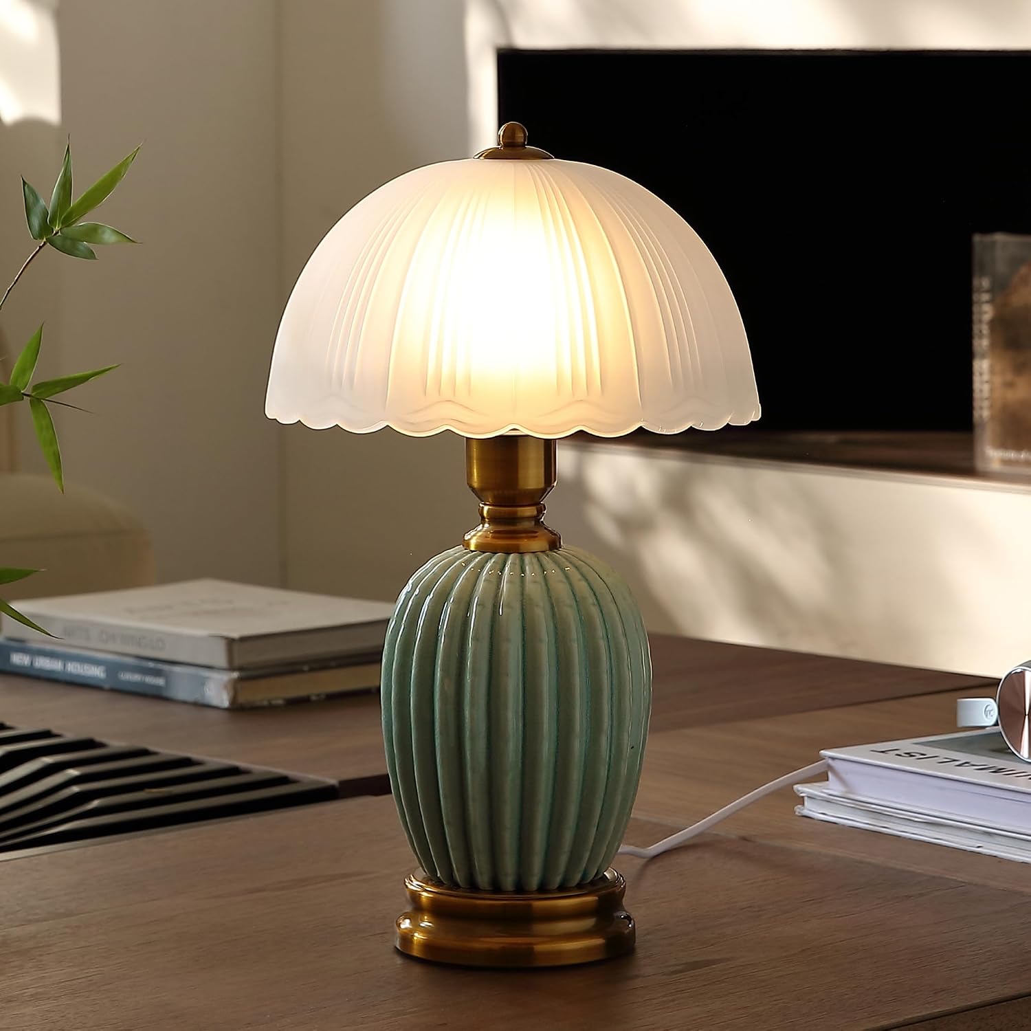 Glivpny Vintage Table Lamp for Living Room,16" Mid Century Modern Ceramic Lamps for Bedroom, Retro Bedside Nightstand Mushroom Glass…