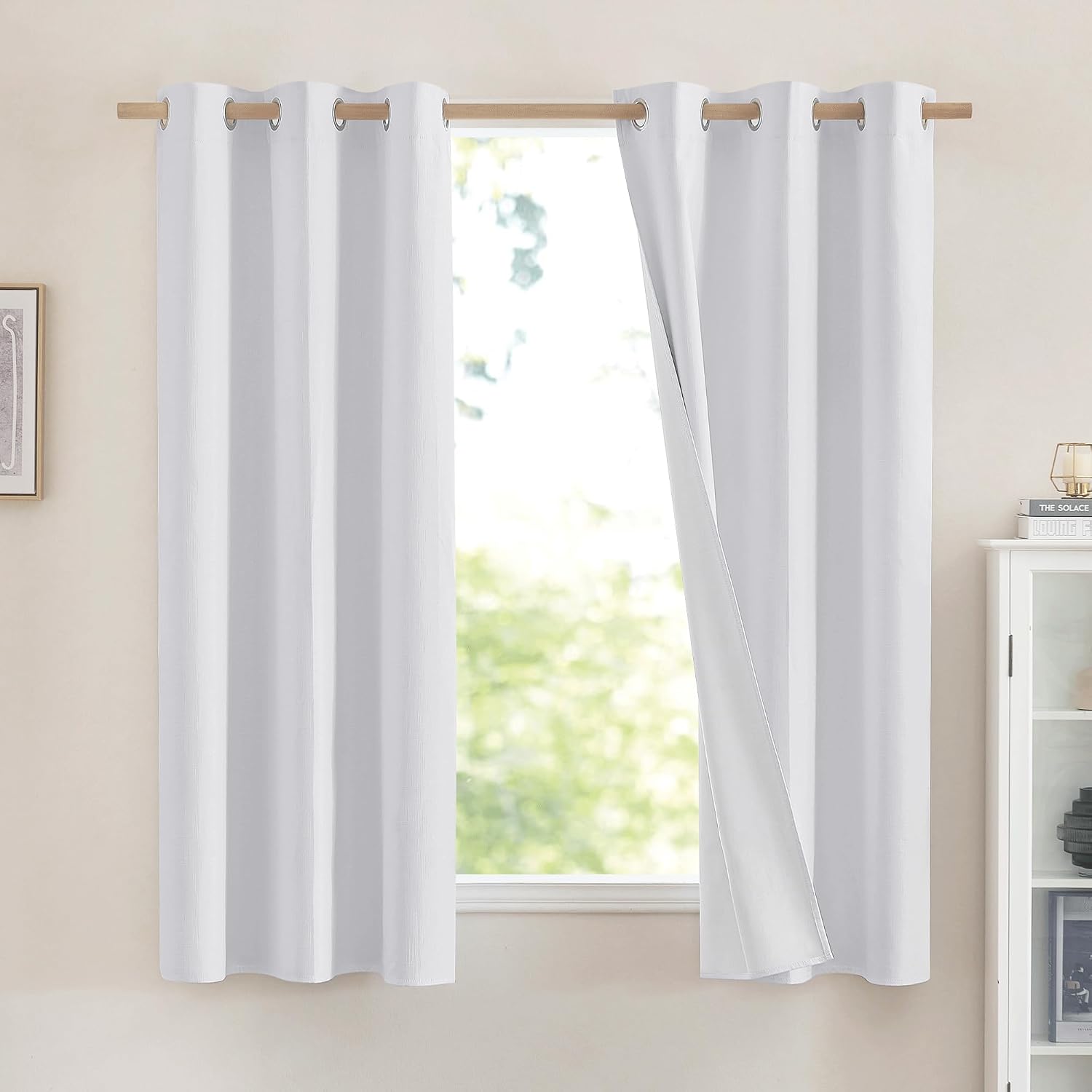 NICETOWN 100% Absolutely Blackout Linen Curtains with Thermal Insulated White Liner, White, 42 inches Wide, 63 inches Length Energy…