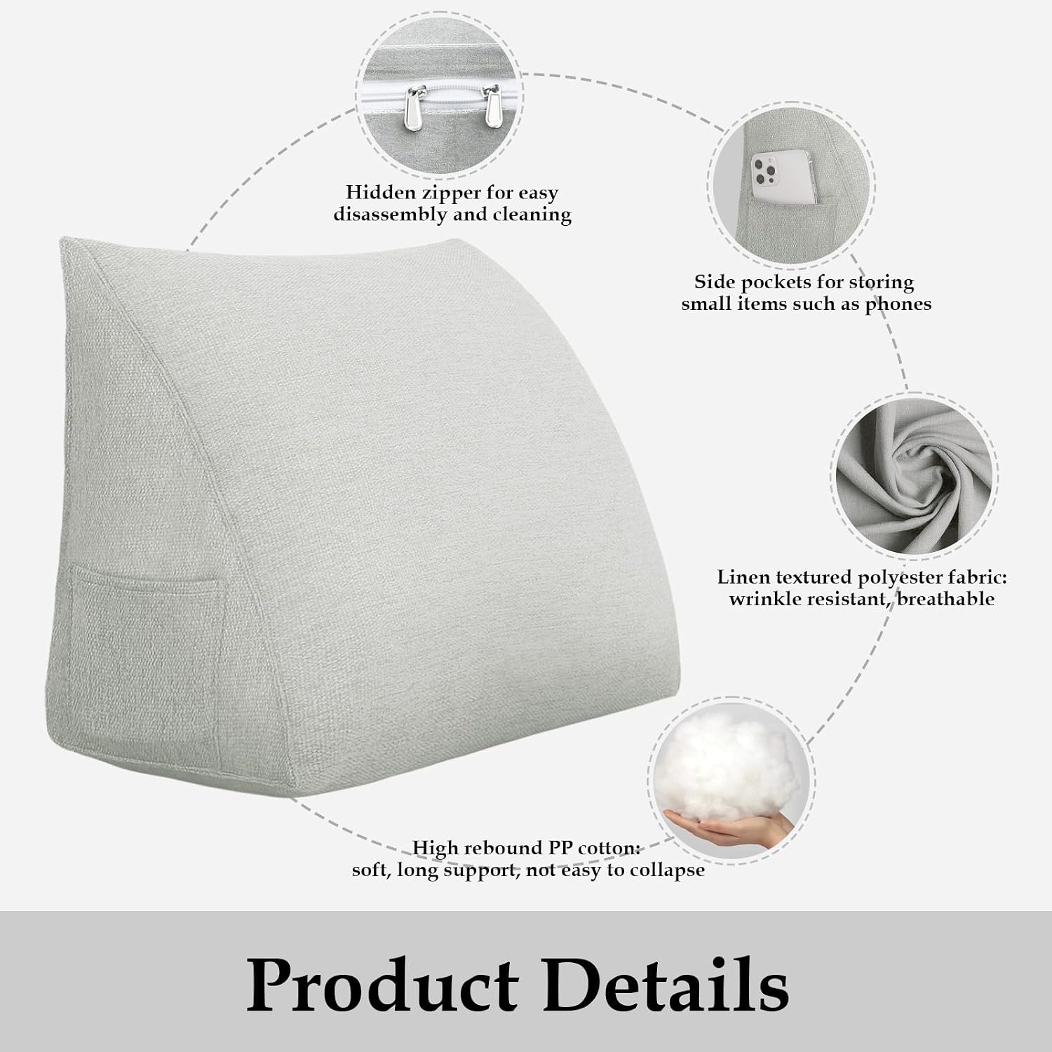 Wedge Headboard Pillow Reading Pillows for Sitting in Bed Adult Backrest Cushion with Removable Cover Side Pockets Sofa Ivory White…