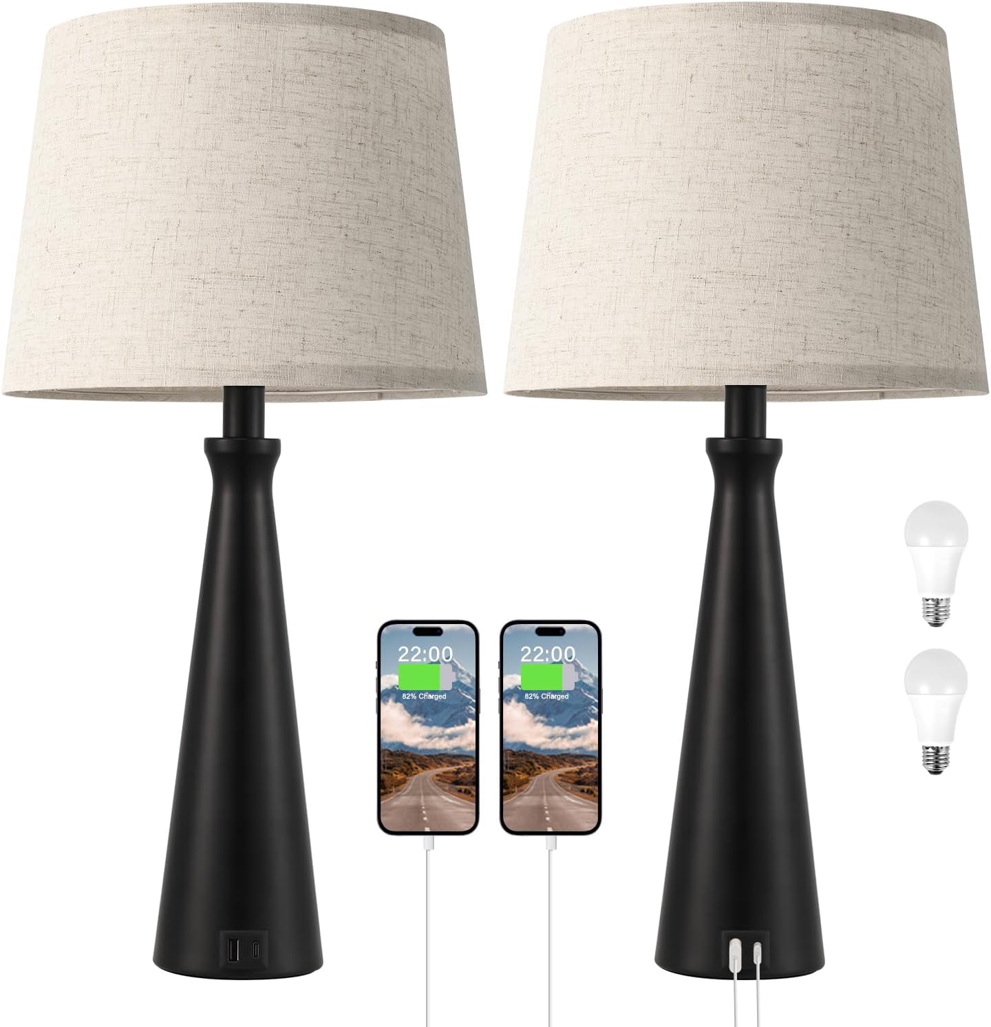 Seealle Modern Table Lamps Set of 2 - Touch Bedside Lamp for Nightstand with Dual USB C+A,3-Way Dimmable Nightstand Lamps for Living Room…