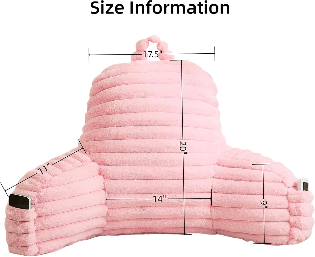 Memfydu Faux Fur Fluffy Pink Reading Pillow with Pockets, Luxury Striped Plush Decorative, Arm Rests and Back Support for Bed Rest, Loungin…