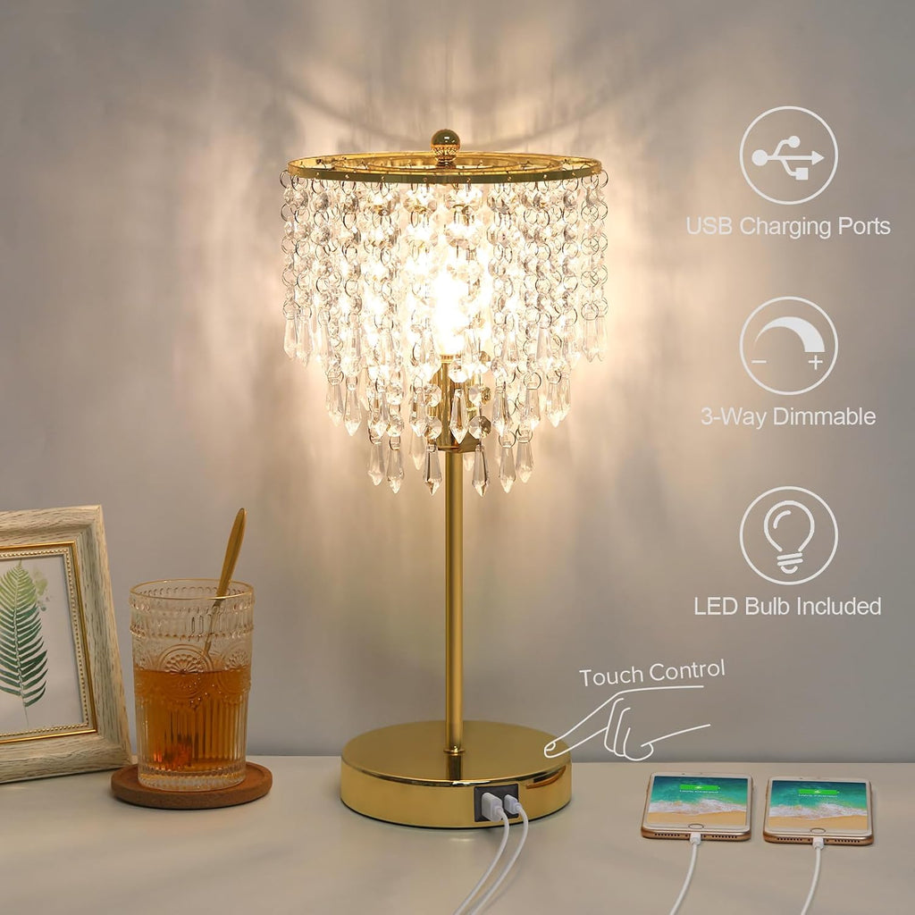 Touch Control Crystal Table Lamp with USB C+A Ports, 3-Way Dimmable Gold Lamp, Bedside Light with Crystal Shade, Girls Lamp for Bedroom…