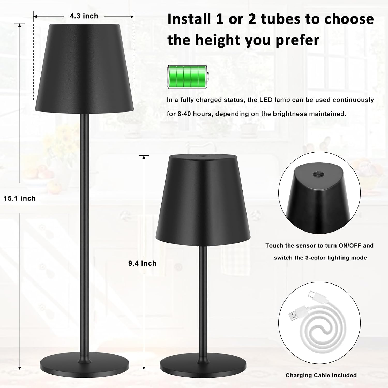 Kakanuo Cordless Table Lamp, 3 Color Stepless Dimming, 5000mAh Rechargeable Battery Powered, Outdoor LED Lamps, for Dining Room, Living…