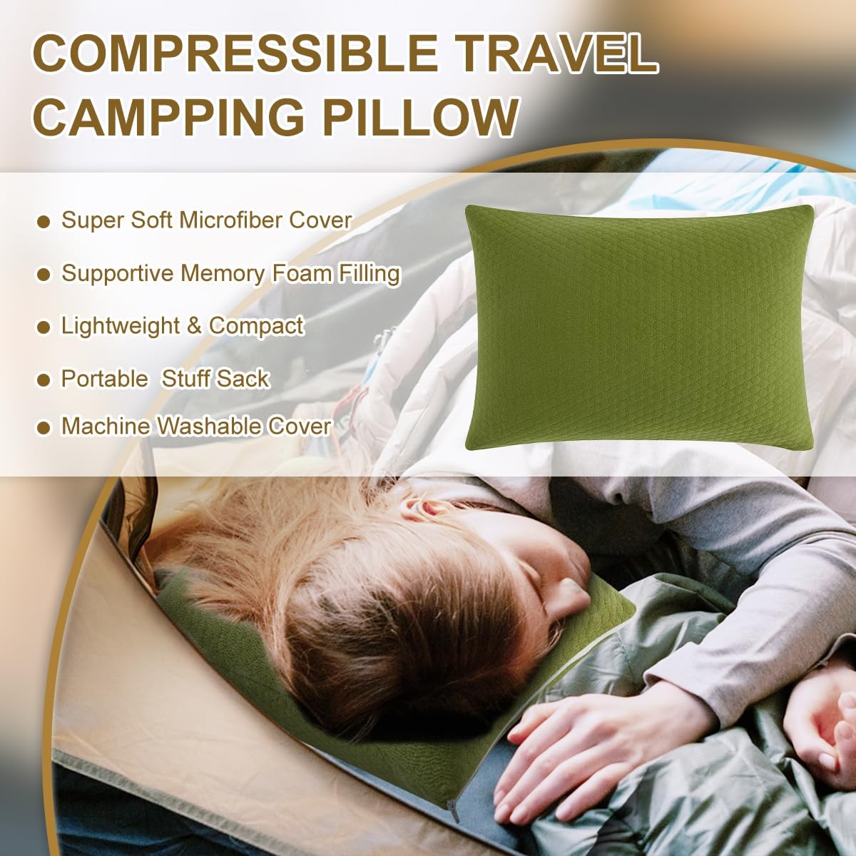 Ivellow Memory Foam Travel Pillow - Compact, Lightweight, Breathable & Hypoallergenic - Adults & Kids - Camping, Hiking, Travel - Avocado G…