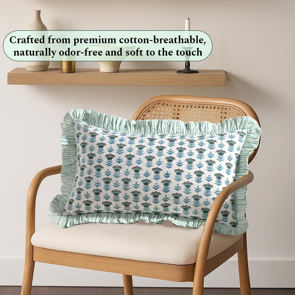 Ridhi Block Print Aquamarine Blue 20"x12" Set 1-100% Cotton Ruffle Lumbar Sham Cover Boho Floral Pillowcase, Farmhouse Cottagecore…