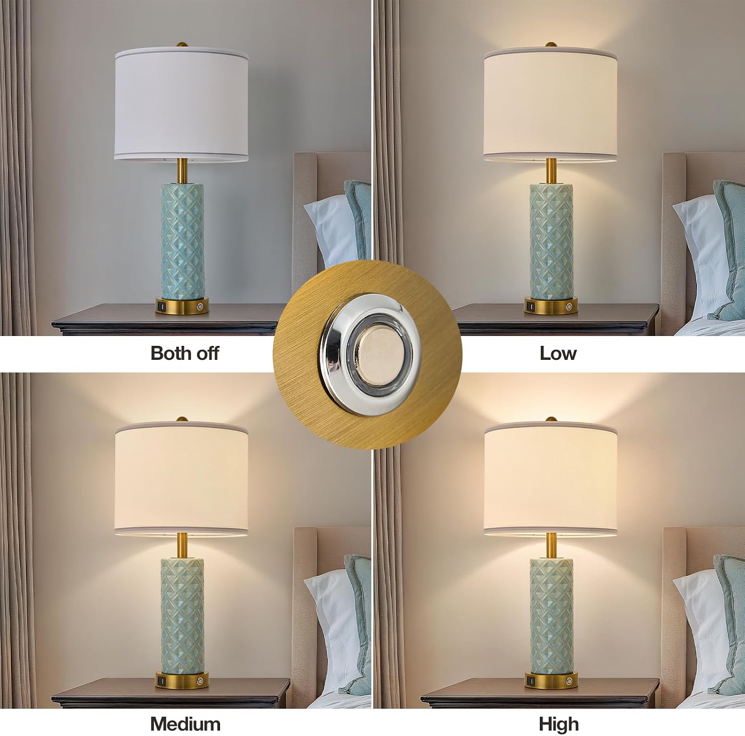 Set of 2 Table Lamp for Living Room Bedroom Farmhouse,26'' Touch Control Bedroom Spa Blue Ceramic Lamps 3-Way Dimmable Bedside Lamps with…