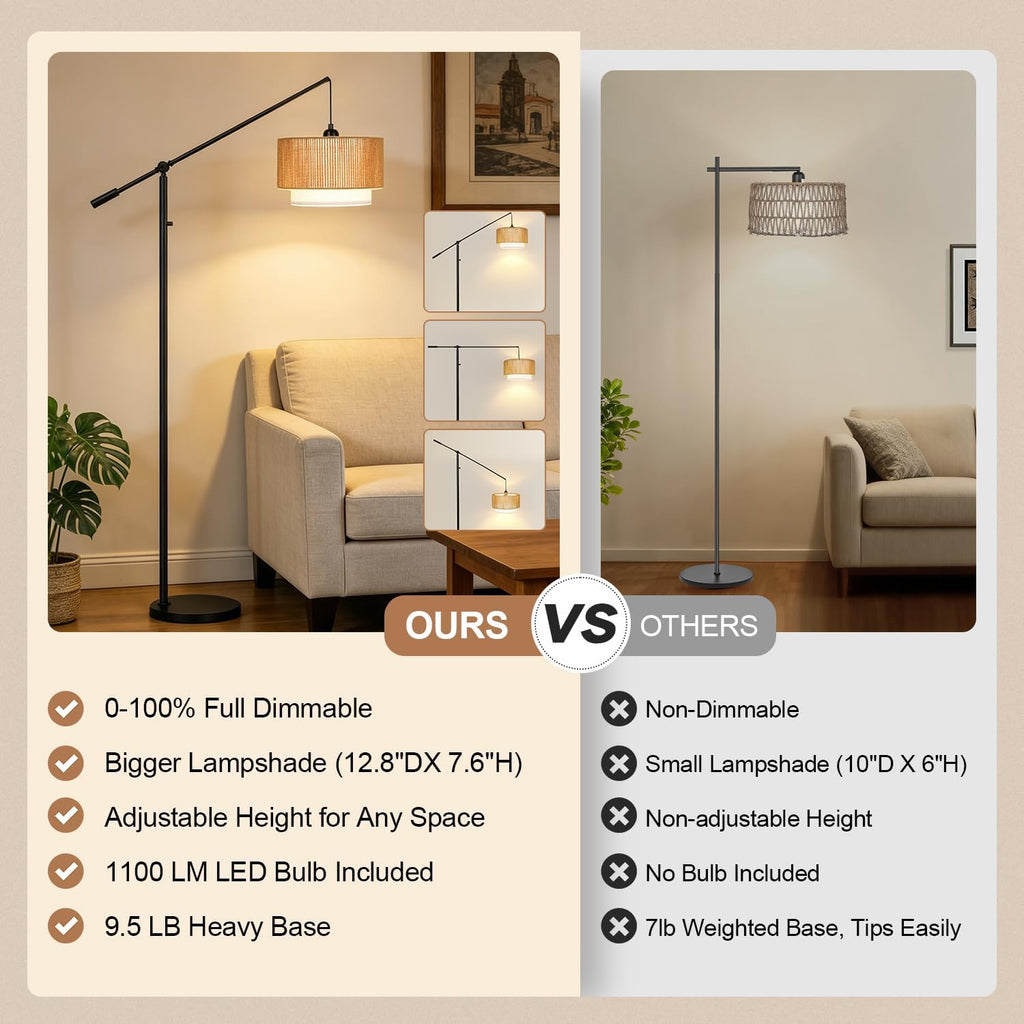 Upgraded】Boho Dimmable Floor Lamps with Adjustable Swing Arm, 1100 Lumens Bulb Included, Modern Arc Standing Lamp with Rattan & Fabric…