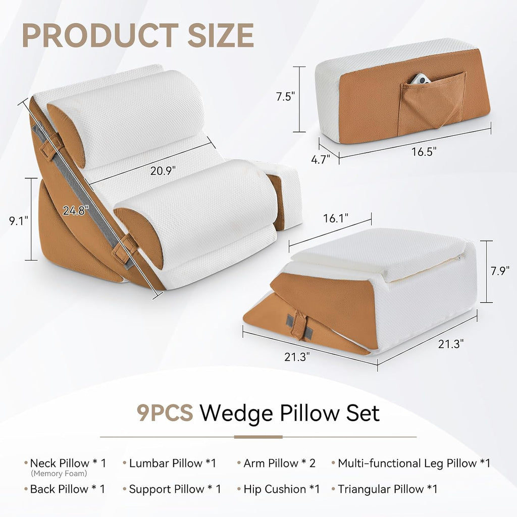 Yojoker 9PCS Orthopedic Bed Wedge Pillow Set for Sleeping, Back and Leg, Post Surgery Foam Pillow for Body, Triangle Adjustable Support Pi…