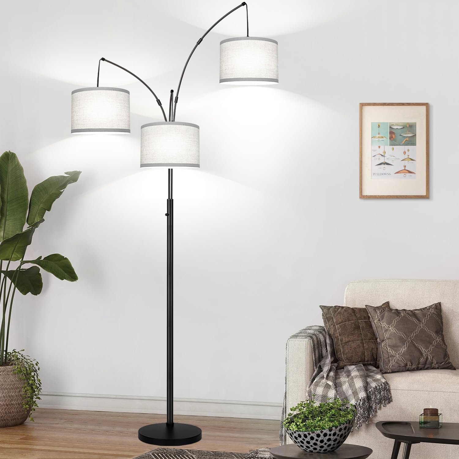 Dimmable Floor Lamp, 3 Lights Black Arc Floor Lamp, Modern Tall Standing Tree Lamp with Grey Linen Shades & Heavy Base, 3000LM LED Bulbs…