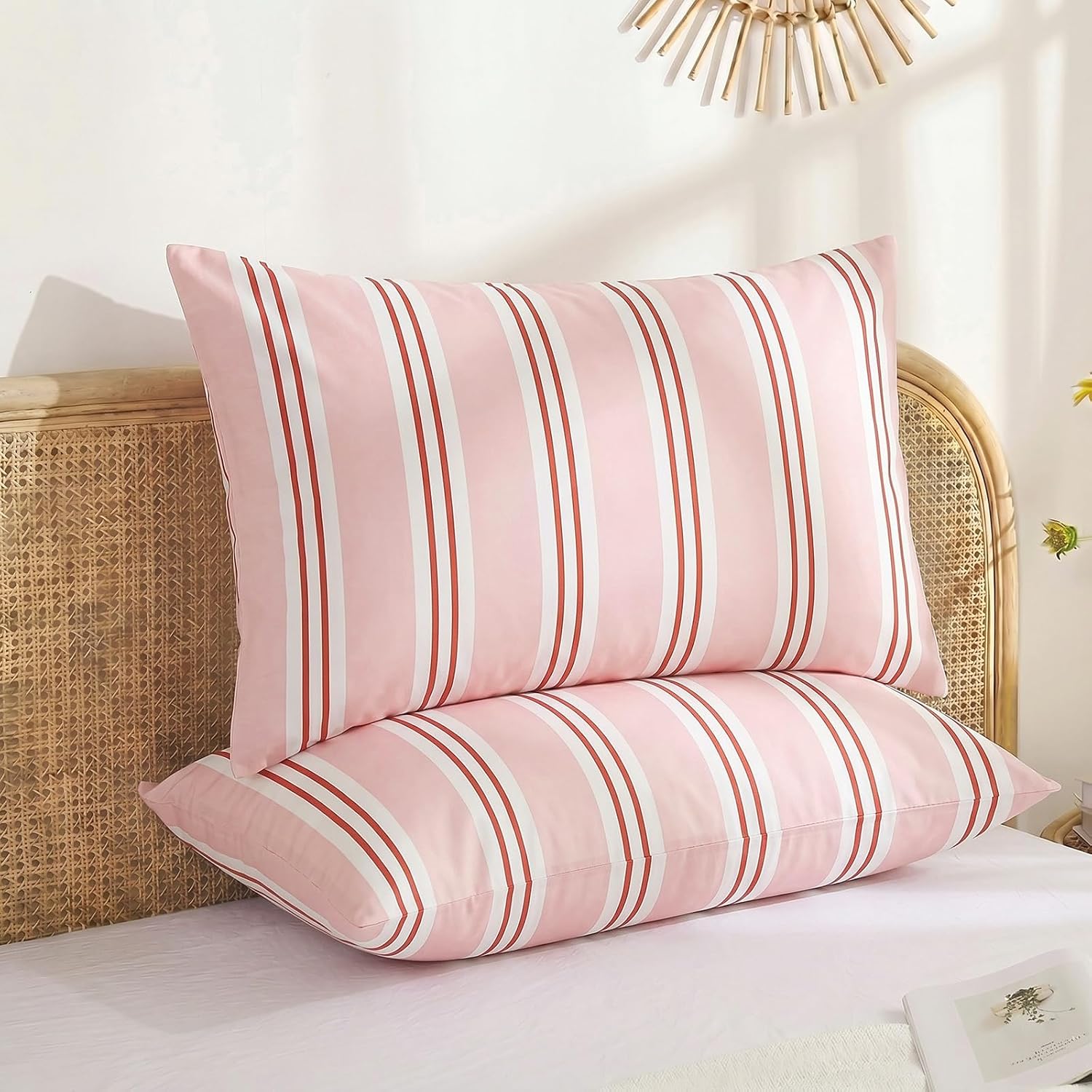 Merryword Standard Size Pillowcases, 100% Cotton Pillow Cases, Pink Striped Pillowcases, Soft Breathable Ribbon Stripe Pillow Covers, Set o…
