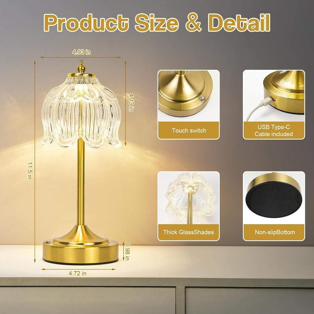 Cordless Lotus Flower Table Lamp, 5200mAh Rechargeable Battery Operated Portable Lamp, 3-Color Dimmable Touch Control Small Desk Lamp for…