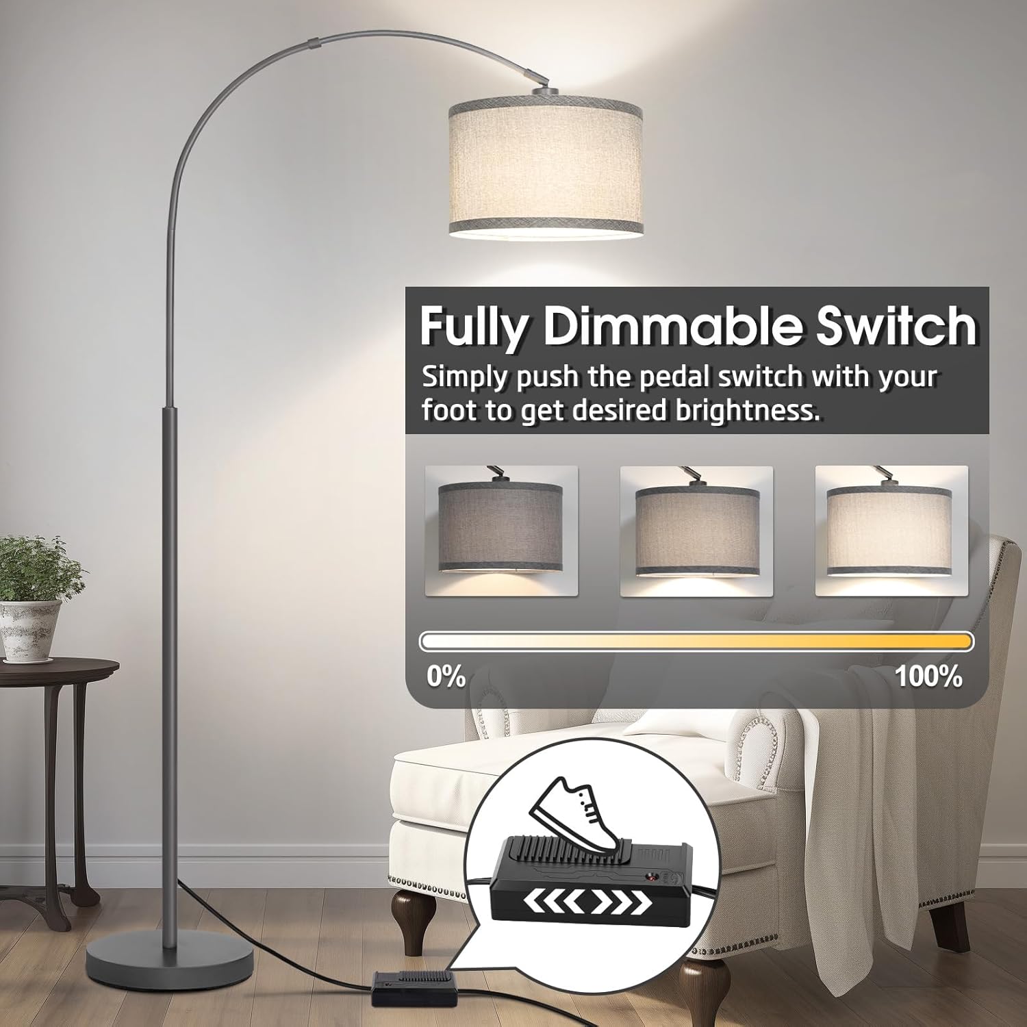 Arc Floor Lamp with Dimmer, Dimmable Floor Lamp for Living Room, Modern Standing Lamp with Gray Adjustable Hanging Shade, Tall Pole Lamp…