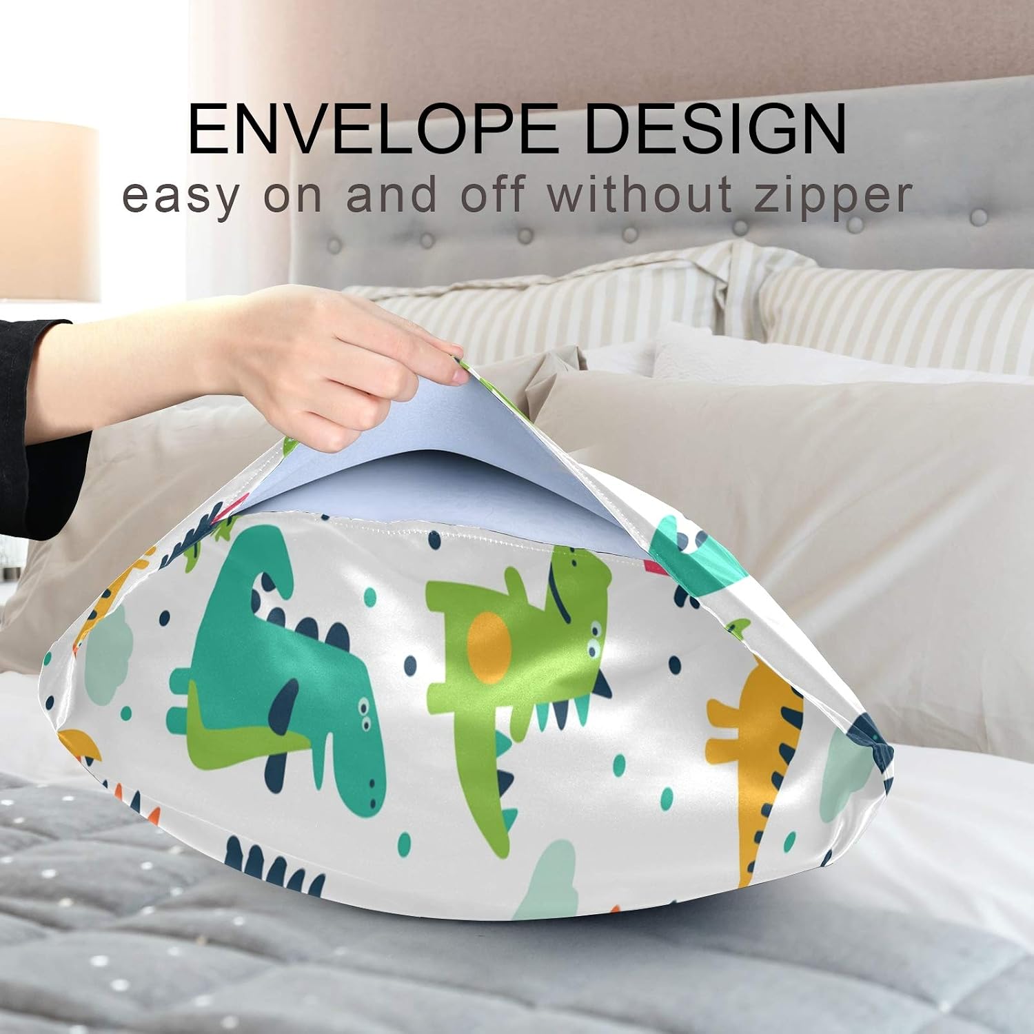 Blueangle Funny Cartoon Dinosaur Satin Pillowcase for Hair and Skin Silk Pillowcase, Queen Size(20x30 inches) - Satin Pillow Covers with…