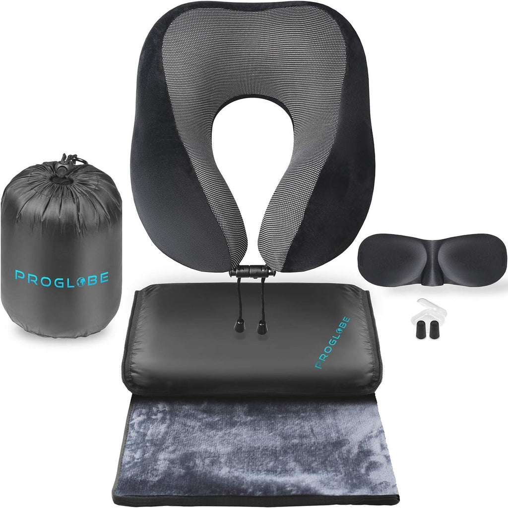 Proglobe Travel Blanket Luxury Travel Set - Ergonomic Airplane Neck Pillow 100% Pure Memory Foam and Super Soft Fleece Blanket - Premium…