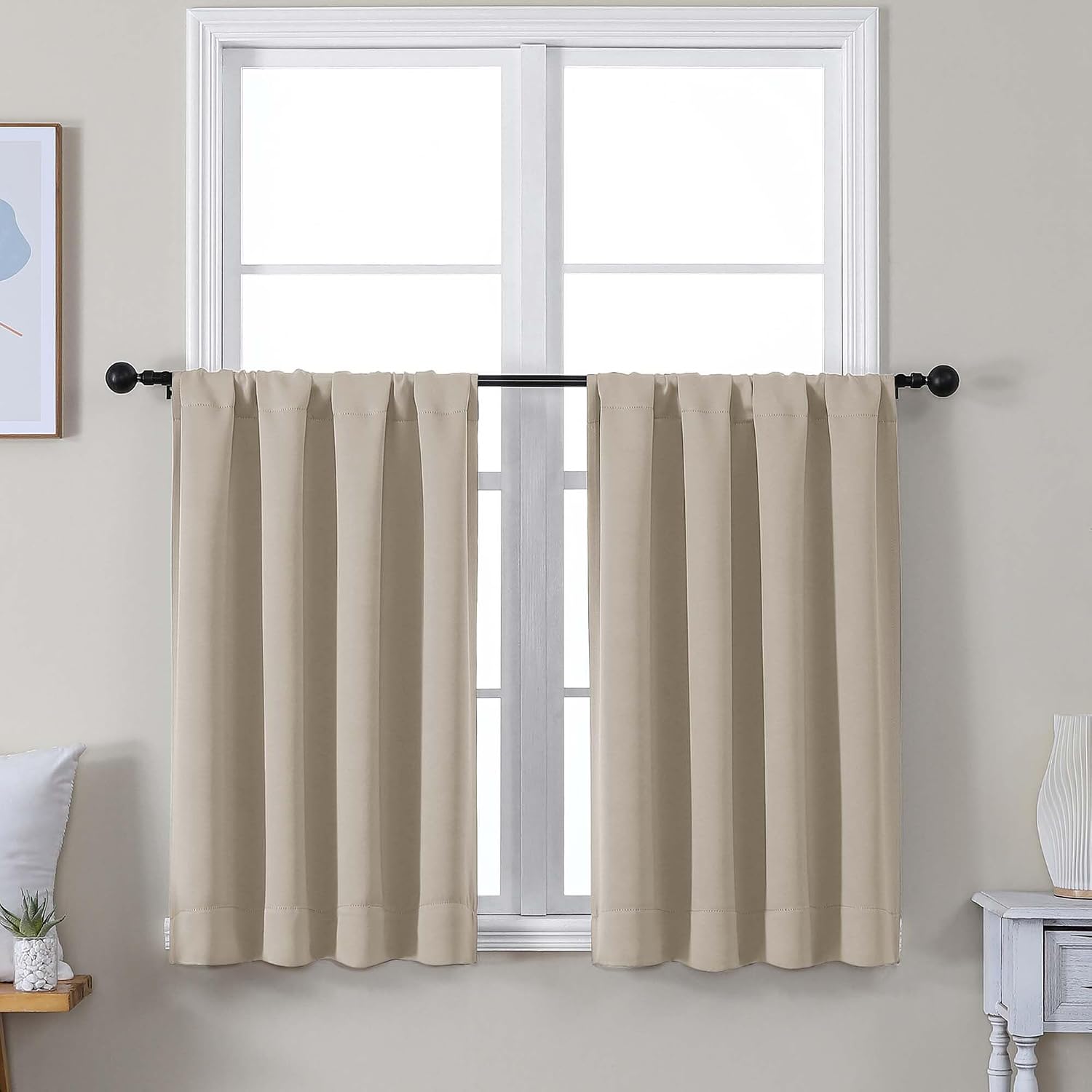 Simplebrand Ava Biscotti Beige Short 36 Inches Blackout Curtain 2 Panels Set, Half Window Rod Pocket Privacy Curtain Tiers for Kitchen, Cur…