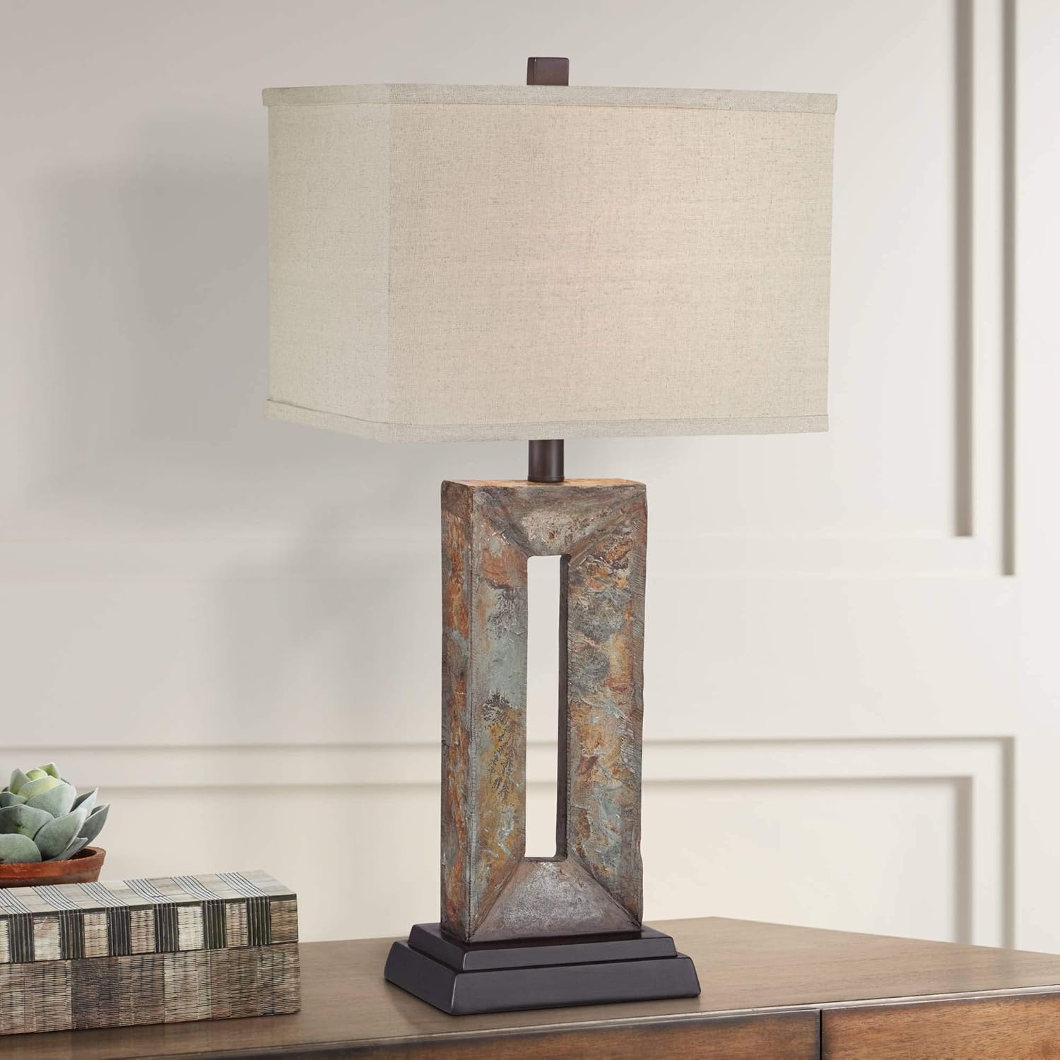Franklin Iron Works Tahoe Small Rustic Traditional Style Table Lamps 26" High Set of 2 Natural Stale Open Base Rectangular Box Shade for…