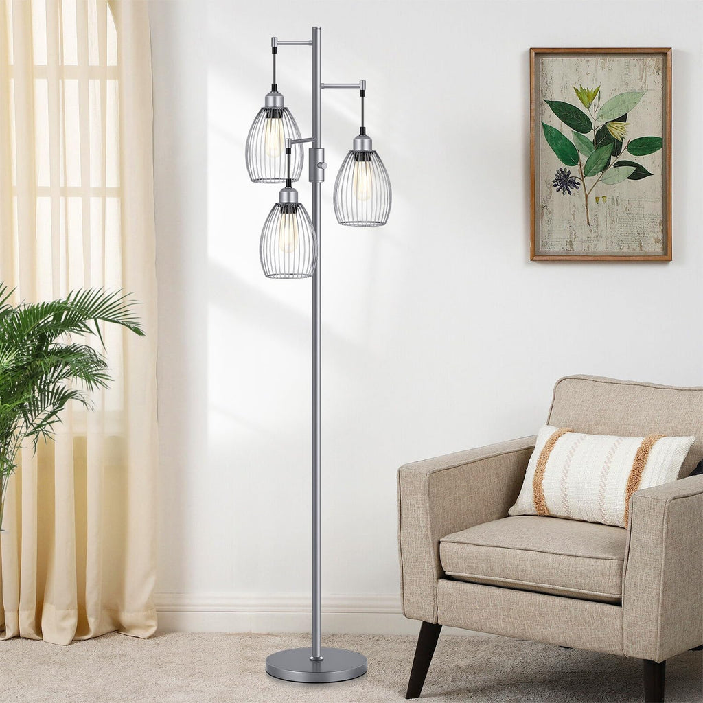Torondo Dimmable Industrial Floor Lamps for Living Room, Gray Tree Standing Tall Lamps with 3 Elegant Teardrop Cage Head & 800 Lumens LED…