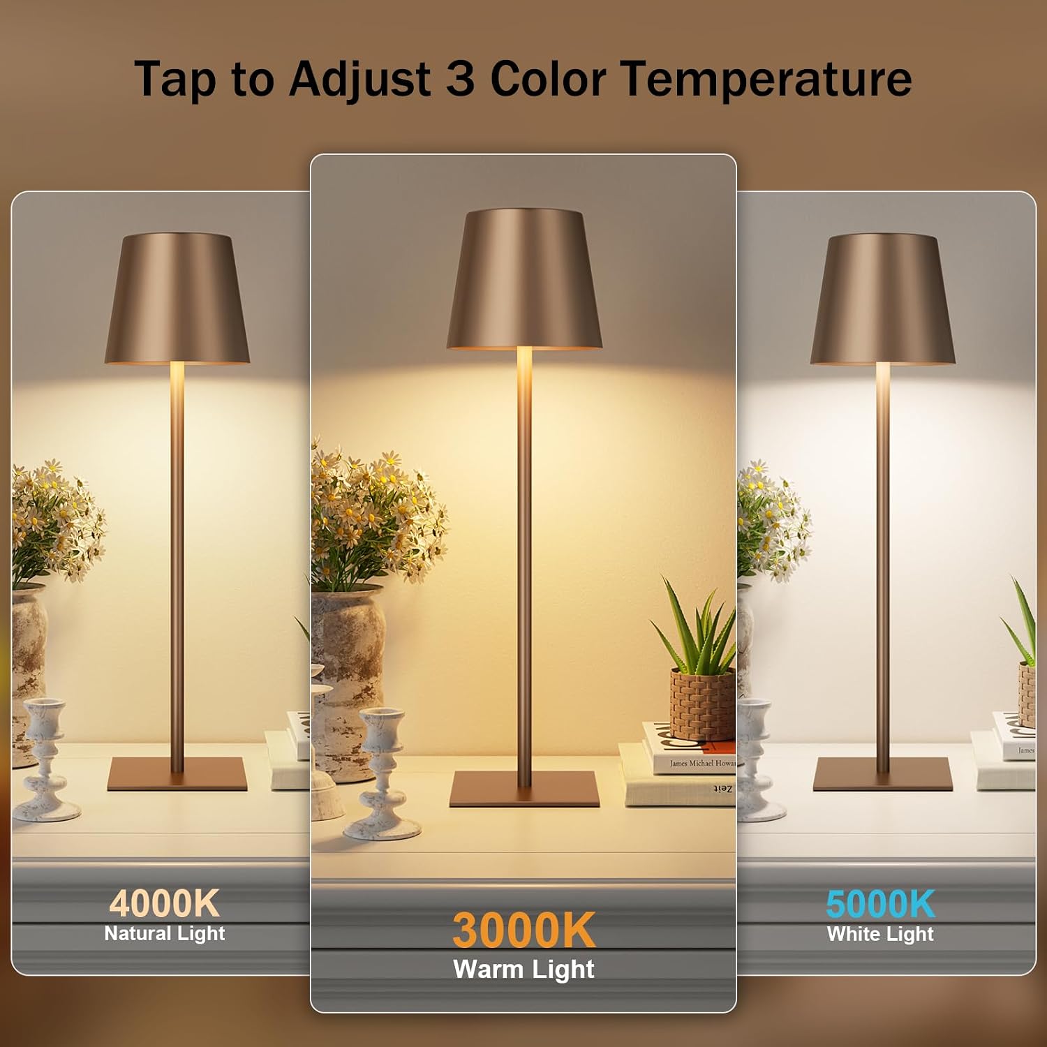 Kakanuo Brown Cordless Rechargeable Table Lamp, 2 Pack Portable Desk Lamp with 5000mAh Battery, Touch Control Stepless Dimming, for…