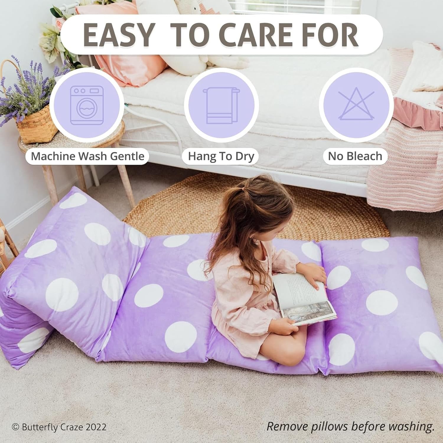 Butterfly Craze Floor Pillow Case, Mattress Bed Lounger Cover, Purple, King Size - Cozy Seating Solution for Kids Ages 3-14, Recliner…