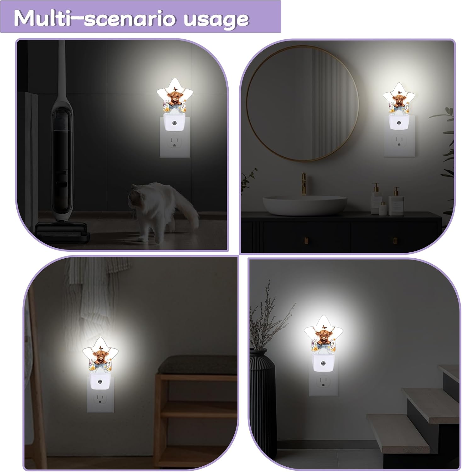 Night Light, Highland Cow Night Lights Plug into Wall Butterfly Flowers Decorations for Bedroom Bathroom, Dusk to Dawn Sensor Kitchen…