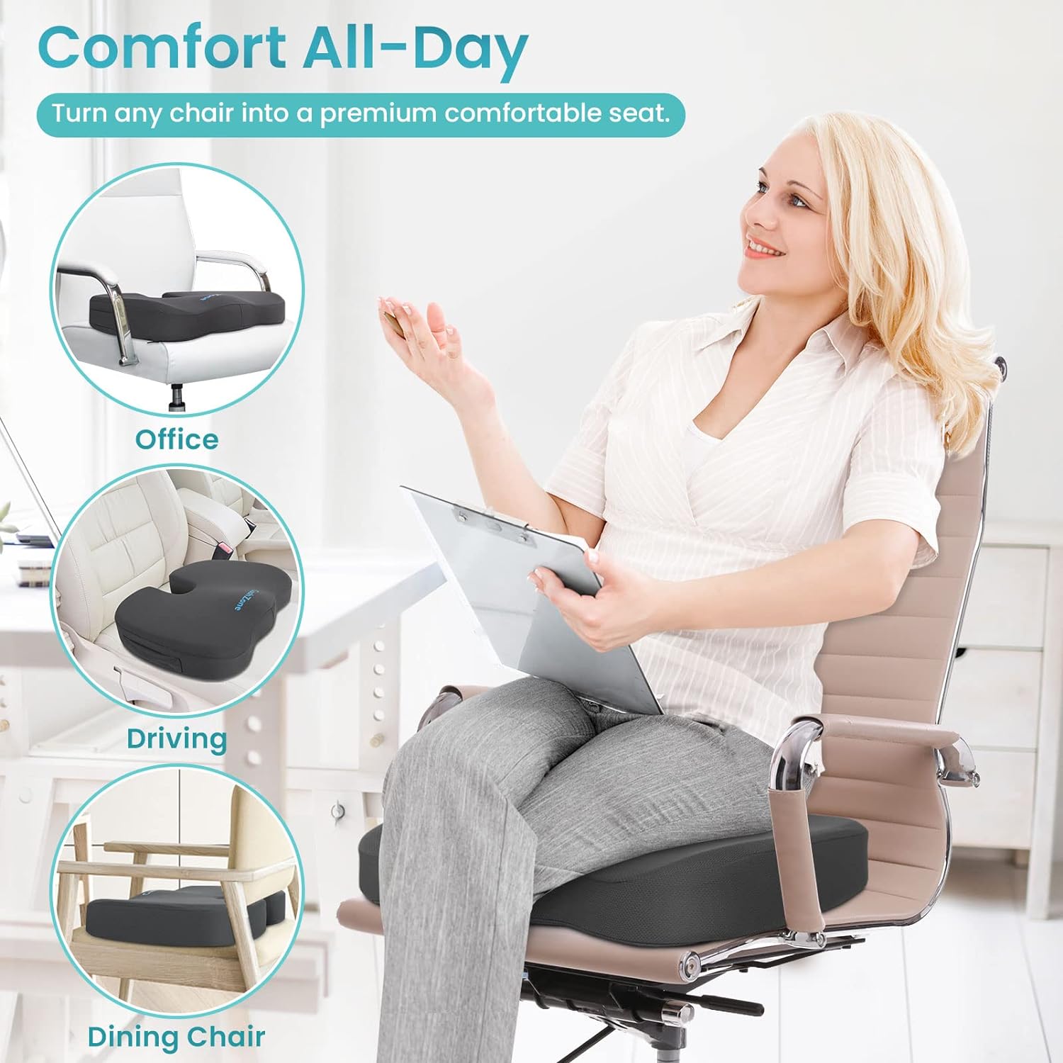 CushZone Office Chair Seat Cushion, Cooling Gel Enhanced Memory Foam Cushion for Long Sitting - Back, Sciatica, Coccyx, Tailbone Pillow - f…