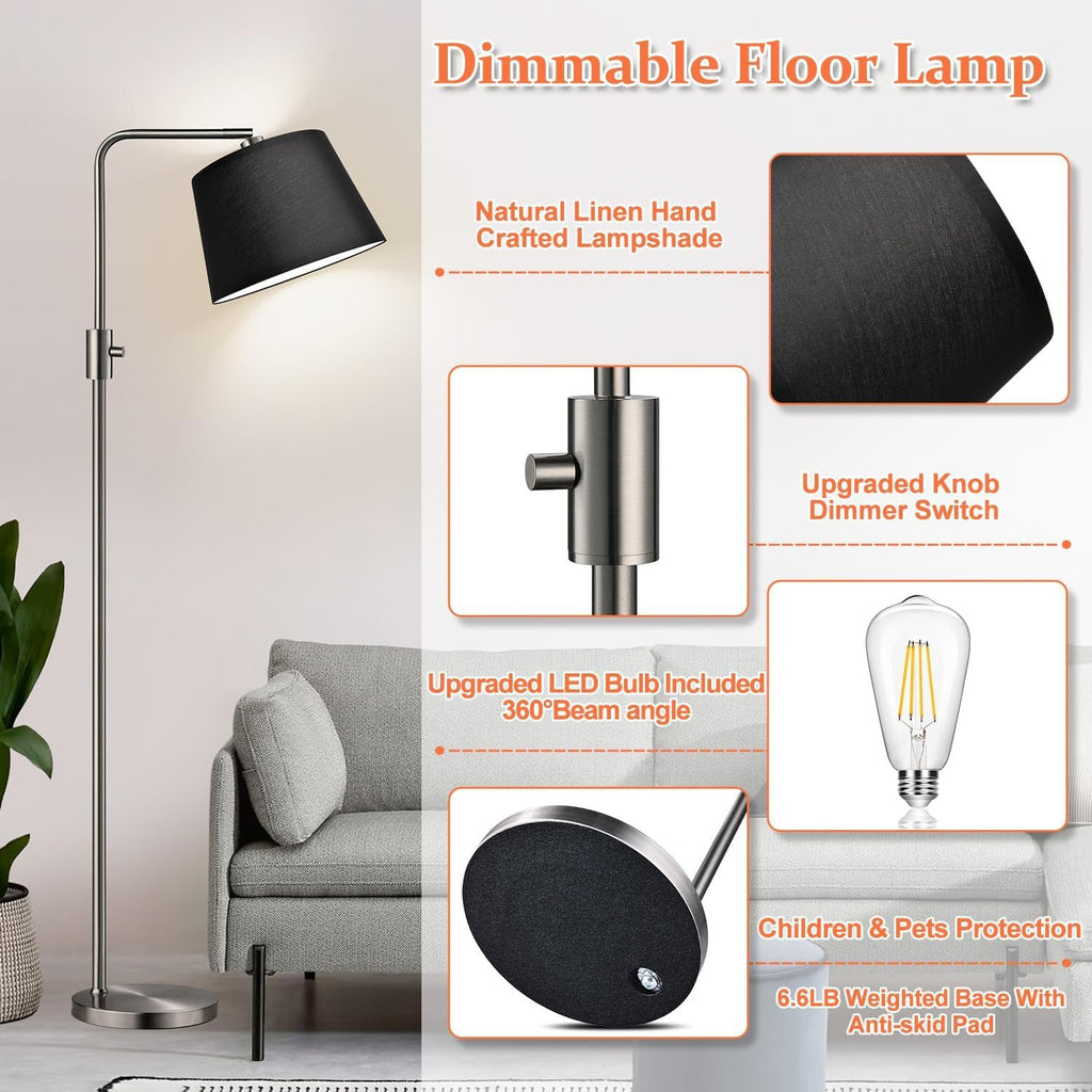 Nintiue 【Upgraded】 Dimmable Floor Lamp, 1000 Lumens LED Edison Bulb Included, Brushed Nickel Arc Floor Lamps Modern Standing Lamp with…