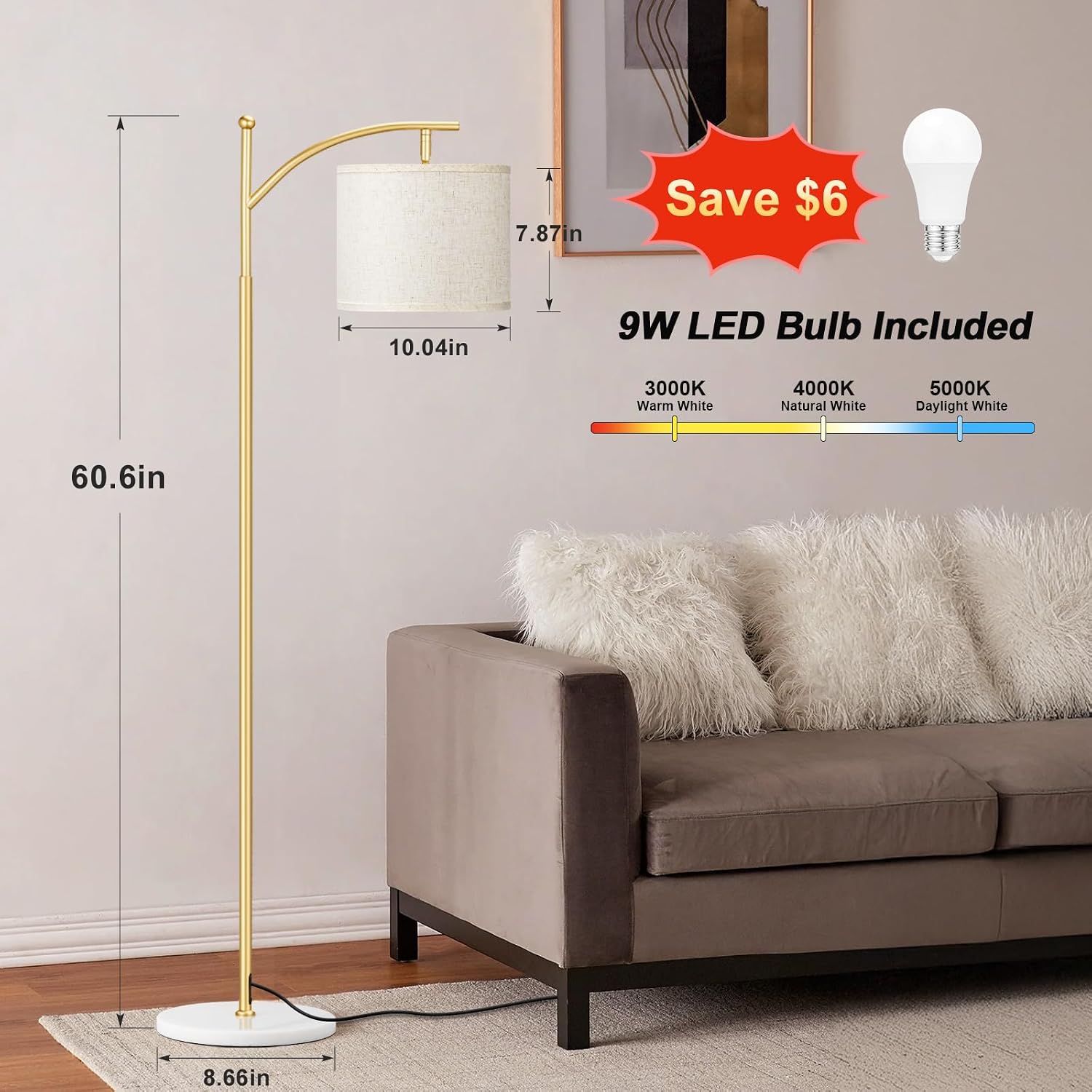 Ambimall 60" Floor Lamp for Living Room with 3 Color Temperatures, Gold Standing Lamp with White Marble Base, Modern Tall Lamp for…