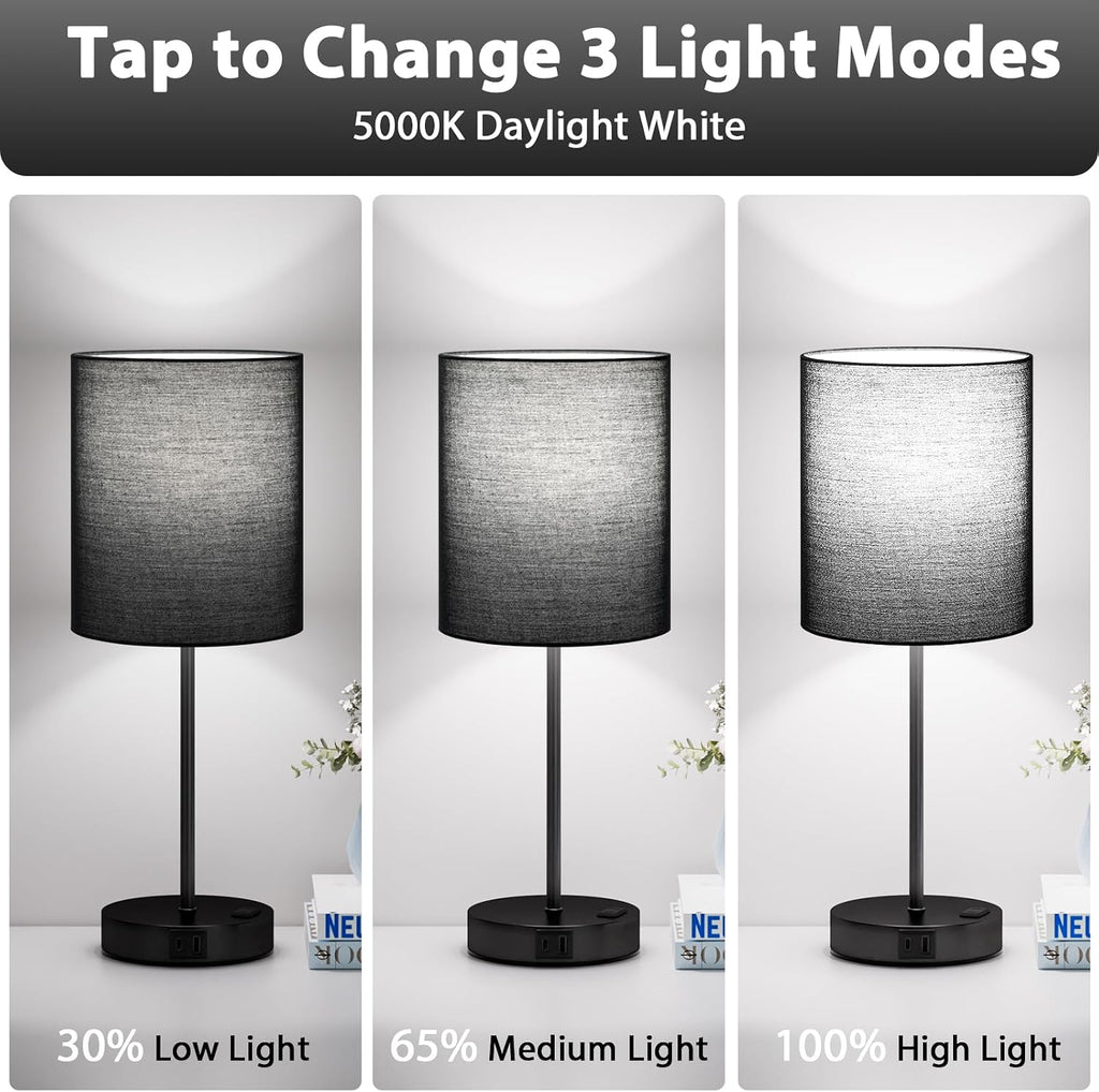 Fenmzeelighting Black Touch Lamps for Nightstand Set of 2 - Bedside Table Lamp for Bedroom with Dual USB Ports & AC Outlet, 3-Way Dimmable…