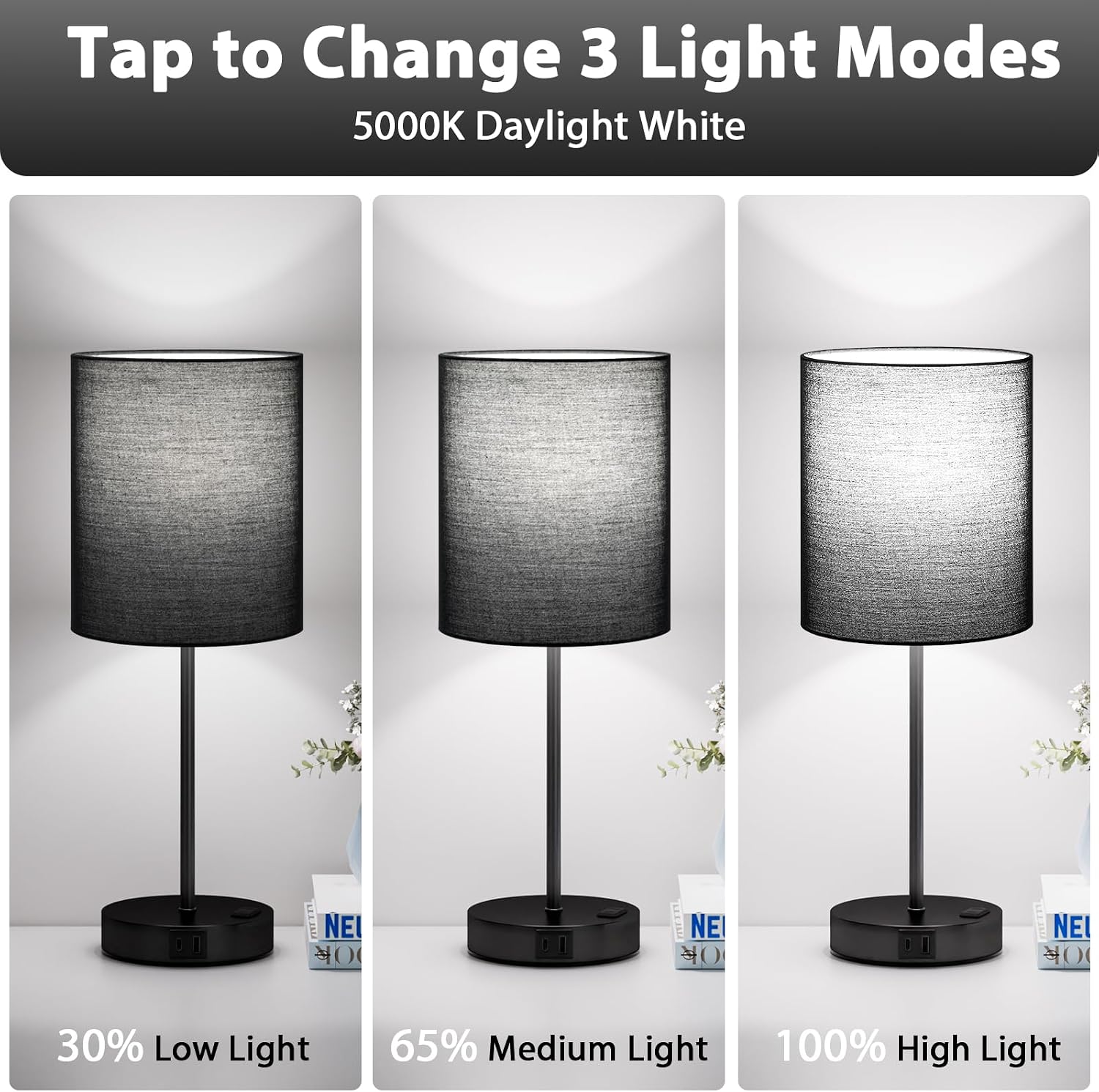 Fenmzeelighting Black Touch Lamps for Nightstand Set of 2 - Bedside Table Lamp for Bedroom with Dual USB Ports & AC Outlet, 3-Way Dimmable…