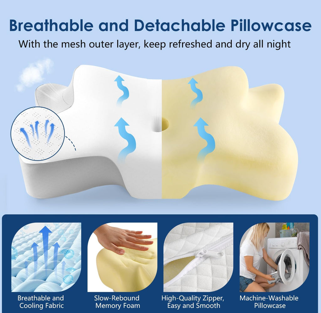 jiaao Cervical Neck Pillow for Neck, Ergonomic Memory Foam Contour Pillow for Sleeping, Cooling Butterfly Pillow for Back, Side, Stomach Sle…