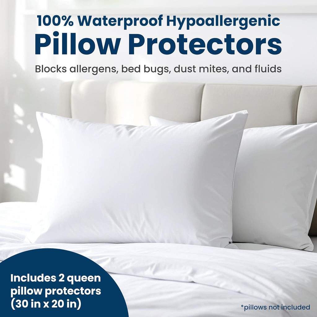 EverlastingComfort 100% Stain Resistant & Waterproof Queen Size Pillow Protectors with Zipper Set of 2 - Bed Bug & Dust Mite Proof White Pi…