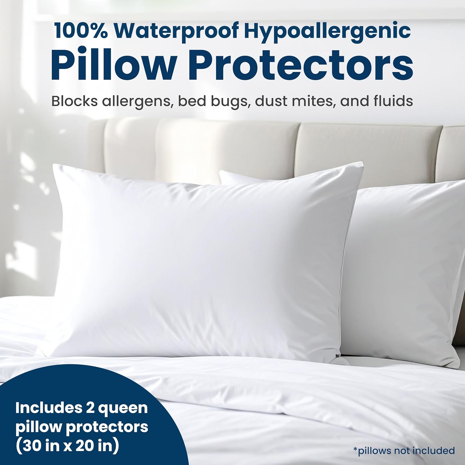 EverlastingComfort 100% Stain Resistant & Waterproof Queen Size Pillow Protectors with Zipper Set of 2 - Bed Bug & Dust Mite Proof White Pi…