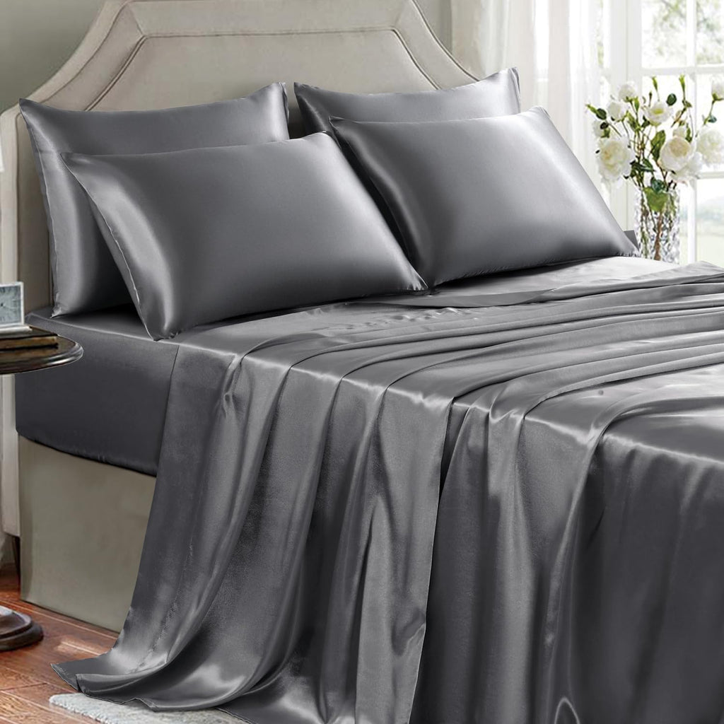 Golal Satin Sheets Queen Size - 6 Pieces Luxury Silky Soft Bed Sheets, Wrinkle-Free Dark Grey Satin Silk Sheet Set with 1 Deep Pocket Fitte…