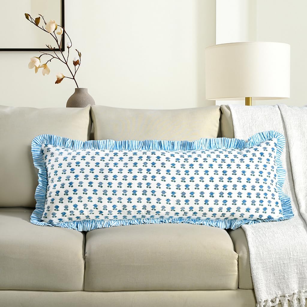 Cottonprintclub CPC Hand Block Print Arctic Blue Ruffle Sham Pillow Cover 36" x 14" inch Hidden Zipper Decorative Pillowcase for Couch, Bed…