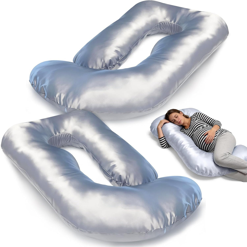 JZHLLA Maternity Pillow Cover, Silky Satin Fabric Removable & Washable U-Shaped Smooth Pregnancy Pillow Cover with Hidden Zip(Grey,2 PCS)