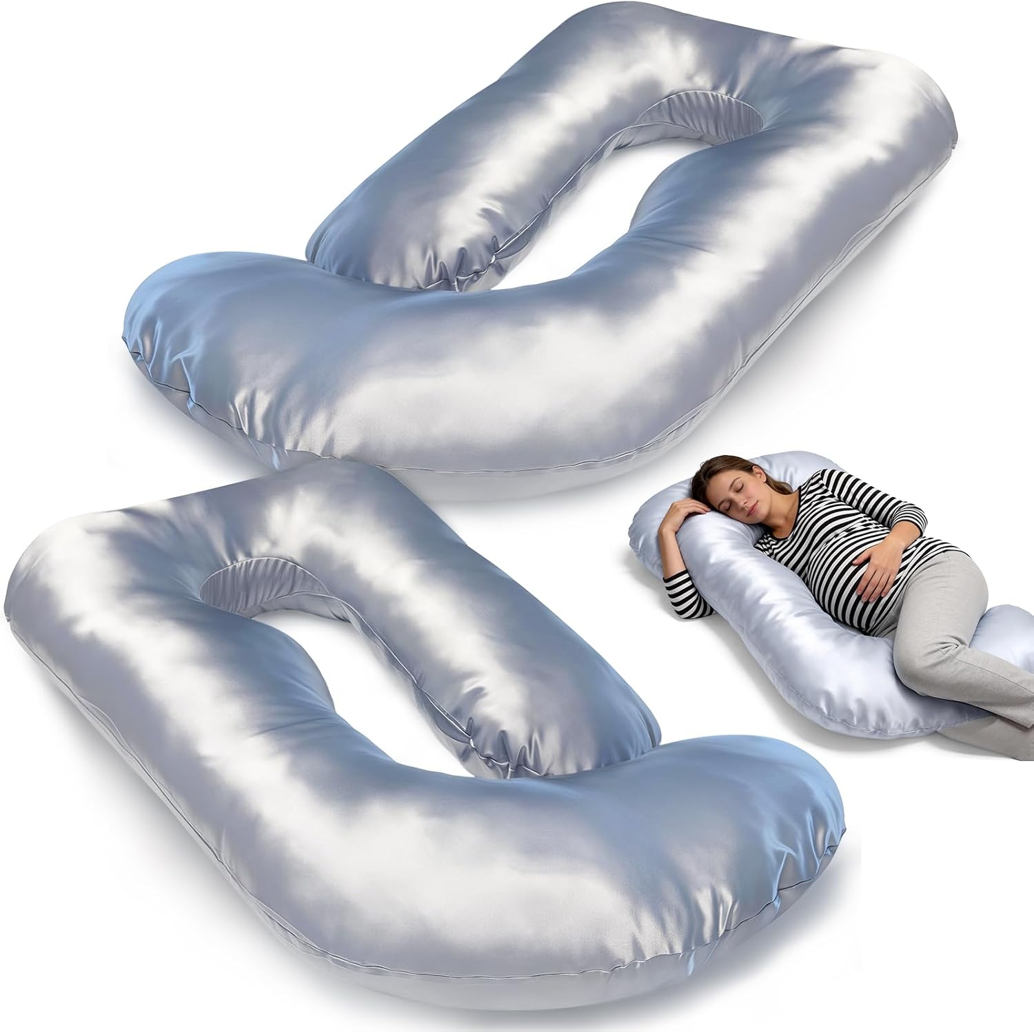 JZHLLA Maternity Pillow Cover, Silky Satin Fabric Removable & Washable U-Shaped Smooth Pregnancy Pillow Cover with Hidden Zip(Grey,2 PCS)