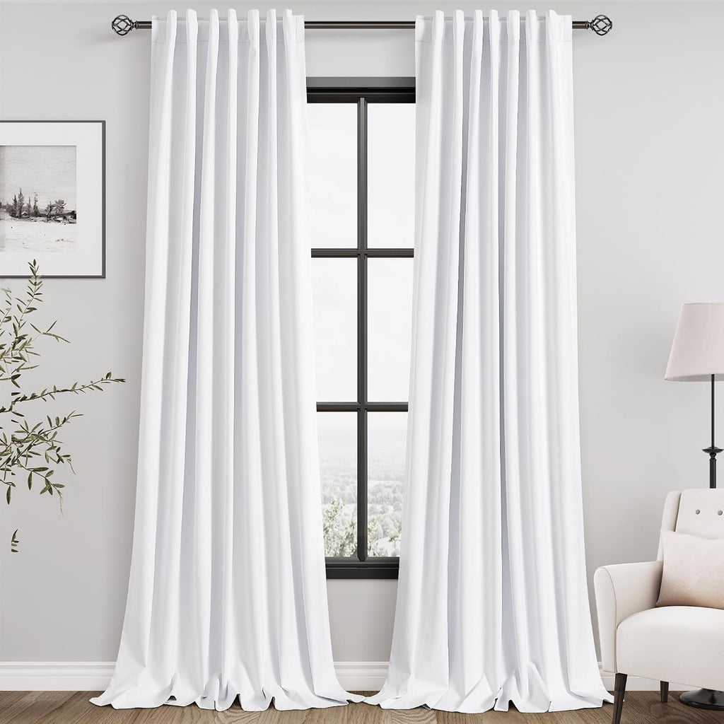Nanspring White Linen 100% Blackout Curtains, 120 Inch Length 2 Panels Set Burg Extra Long 10 Ft Back Tab Pocket Drapes Cotton Textured Tot…